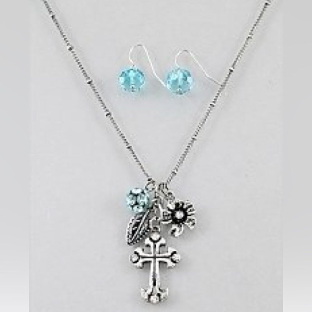 CROSS & Flower Charm Beaded Necklace and Earrings Set - Adjustable to 18”